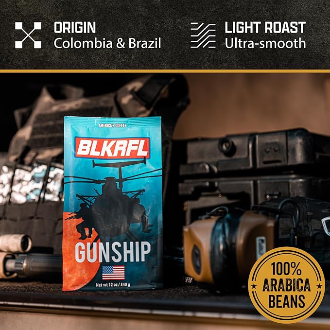 Black Rifle Coffee Company Ground Coffee Light Roast - Roasted Blend Made from Pure Arabica Beans - Colombian & Brazilian Beans - Veteran Founded & American Made (Gunship Roast, 12oz Bag)