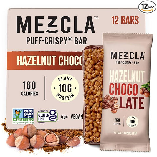 Mezcla Puff Crispy Protein Bars, Gluten Free & Vegan Protein Bars, 10g Protein, Alt for Crispy Rice Treat, Granola Bars & Breakfast Bars, Healthy Snacks for Adults, Hazelnut Chocolate, 12 Pack