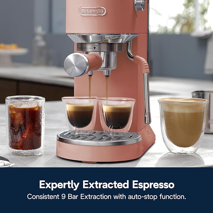 De'Longhi Dedica Duo Compact Espresso Machine - Cold Brew Coffee Maker with Milk Frother Wand- for Espresso, Hot & Iced Coffee, Cappuccinos, Lattes & Home Barista Brewing, Ros챕 Pink
