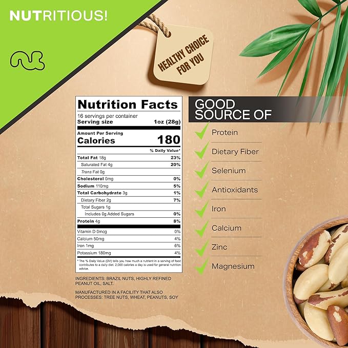 NUT CRAVINGS - Brazil Nuts Roasted & Salted - No Shell, Whole (16oz - 1 LB) Bulk Nuts Packed Fresh in Resealable Bag - Healthy Protein Food Snack, Food Assortments