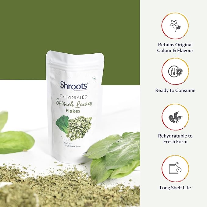 SHROOTS Dehydrated Spinach (Palak) Leaves Flakes Pure Vegetarian Gluten-Free No Added Salt Easy Cooking Essential Machine Dried Vegetables with Natural Aroma Ideal for Everyday Meals 1.06 oz Pack of 1