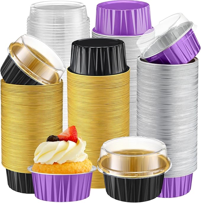 Gejoy 400 Pcs Aluminum Foil Baking Cups with Lids 5 oz Disposable Ramekins Mini Cake Pans Creme Brulee Cupcake Liners Muffin Tins Flan Mold Dessert Container for Wedding(Purple,Black,Classic)