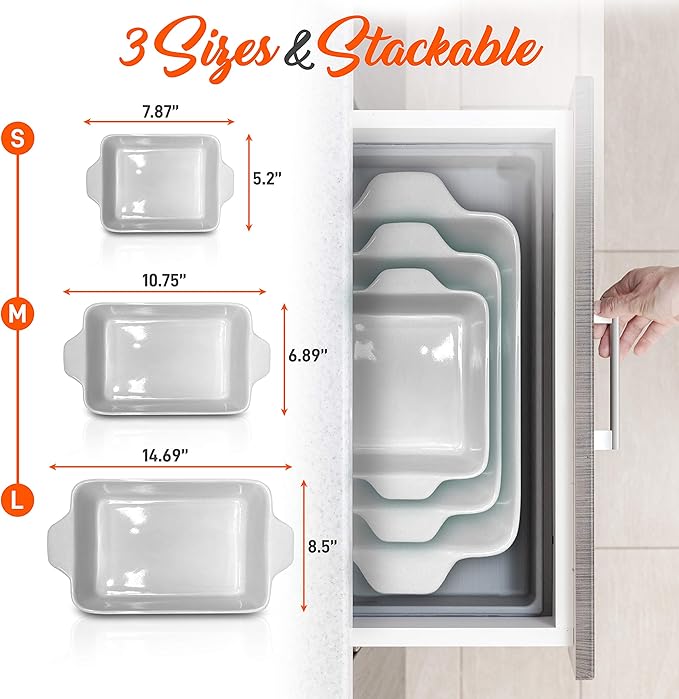 NutriChef 3-Piece Nonstick Ceramic Bakeware Set - PFOA PFOS PTFE Free Baking Tray Set w/Odor-Free Ceramic Non-stick Coating, 446°F Oven Safe Microwave/Dishwasher Safe Rectangular Baking Pan NCCREX3