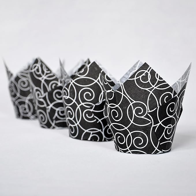 Muffin Greaseproof paper Baking cupcake cups, 2"(Bottom diameter) x 3-1/2"(Height) Black Fancy Floral Print Tulip Baking Cup Case of 125 pcs (125, Standard)
