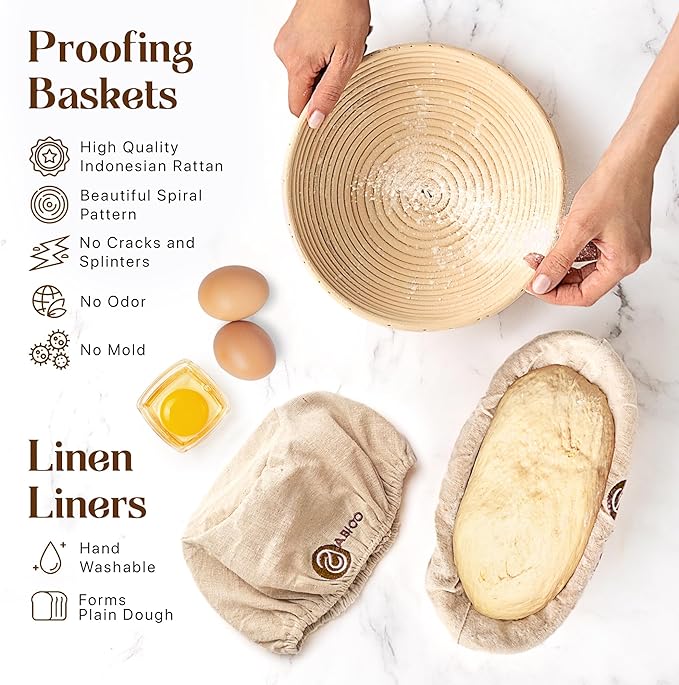 Sourdough Bread Making Kit - 9??Round & 10??Oval Banneton Proofing Baskets, Danish Dough Whisk, Bread Lame (5 Blades), Bench & Bowl Scrapers, Linen Liners - Complete Bread Making Tools