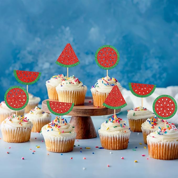 24 Pcs Watermelon Cupcake Toppers Glitter Tropical Summers Kids Happy Birthday Cake Toppers Picks Watermelon Baby Shower Cake Decorations