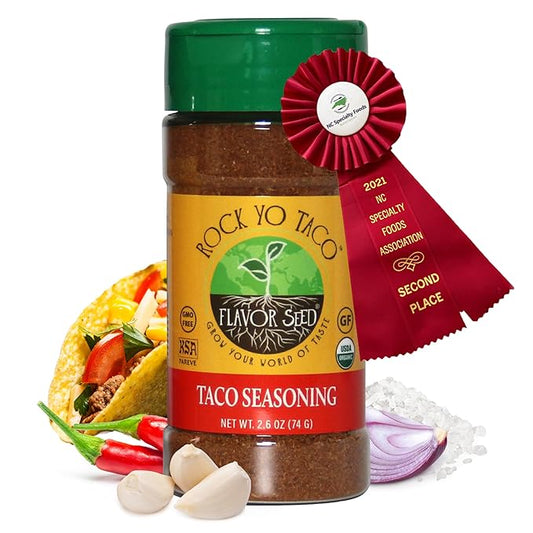 Flavor Seed Rock Yo Taco, Gluten Free Organic Taco Seasoning Mix, Low Sodium Mexican Spice Blend for Cooking, Dips & Popcorn Topping, No Sugar, Zero Calorie, Mild & Keto Friendly, 2.6 oz Shaker Jar
