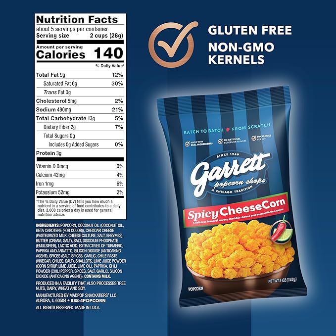 Garrett Popcorn Spicy CheeseCorn, 5.0oz, 4 Bags, Spicy Cheddar Popcorn, Gluten Free, Bold Snack, Popped Popcorn Bags