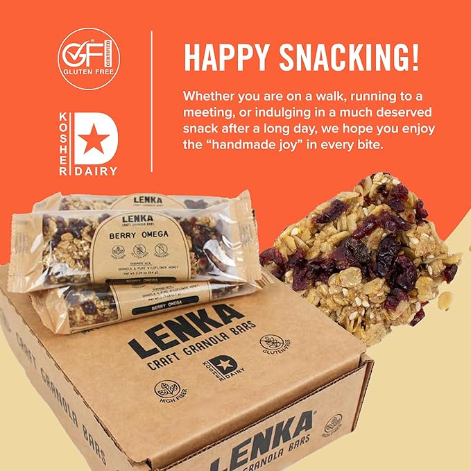 Lenka Bars - Berry Omega Snack Bars, Gluten Free, High Fiber, Kosher, Wholesome, No Artificial Flavors, Individually Wrapped - 12 Pack
