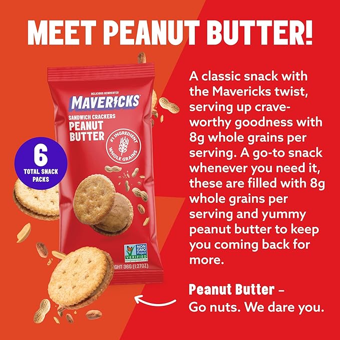Mavericks Sandwich Crackers Peanut Butter - Plant-Based Peanut Butter Sandwich, Snack Crackers, Whole Grain, Non-GMO - 1 Box (6 Snack Packs)