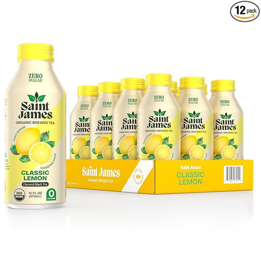 Saint James Iced Tea - Organic Black Tea - Non-GMO, Gluten Free, Zero Calorie, Zero Sugar - Classic Lemon, 12 Pack (16 fl oz each)