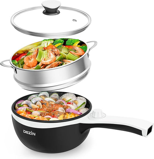 Dezin Hot Pot Electric with Steamer Upgraded, Non-Stick Saut챕 Pan, Rapid Noodles Electric Pot, 1.5L Mini Pot for Steak, Egg, Fried Rice, Ramen, Oatmeal, Soup with Power Adjustment