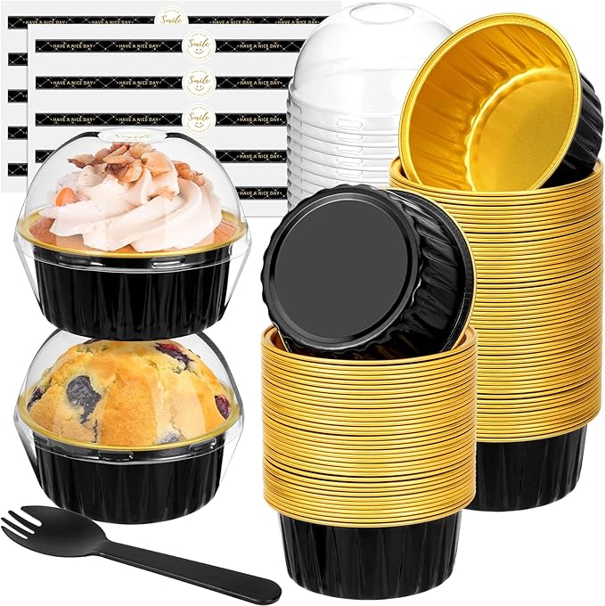 Mini Cake Pans with Lids and Spoons (100 Pack,Black,5oz) Round Disposable Ramekins - Sturdy Aluminum Foil Cupcake Liners with Lids for Dessert and Party