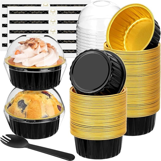 Mini Cake Pans with Lids and Spoons (100 Pack,Black,5oz) Round Disposable Ramekins - Sturdy Aluminum Foil Cupcake Liners with Lids for Dessert and Party