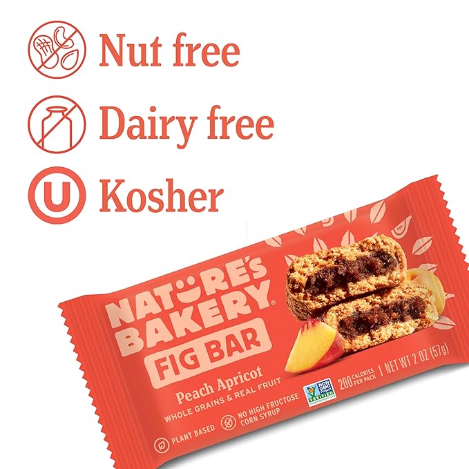 Nature's Bakery Whole Wheat Fig Bars, Peach Apricot, Real Fruit, Vegan, Non-GMO, Snack bar, 6 Count (Pack of 6)