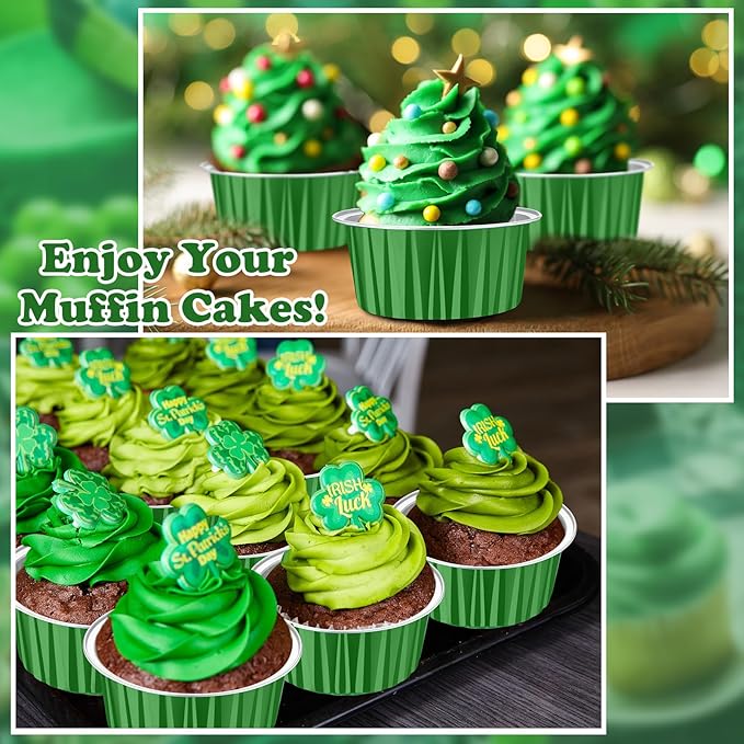 Gejoy 400 Pcs Aluminum Foil Baking Cups with Lids 5 oz Disposable Ramekins Mini Cake Pans Creme Brulee Cupcake Liners Muffin Tins Flan Mold Dessert Container for Wedding(Dark Green,Classic)