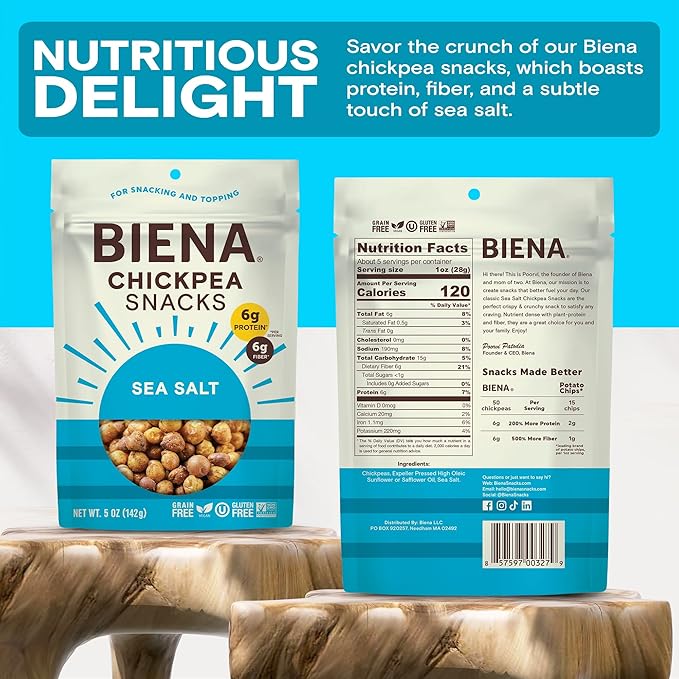 BIENA Chickpea Snacks - Crunchy Roasted Chickpeas - High Fiber Vegan Protein Snacks for Adults and Kids - 4-Pack, 5 Ounce Bags - Sea Salt