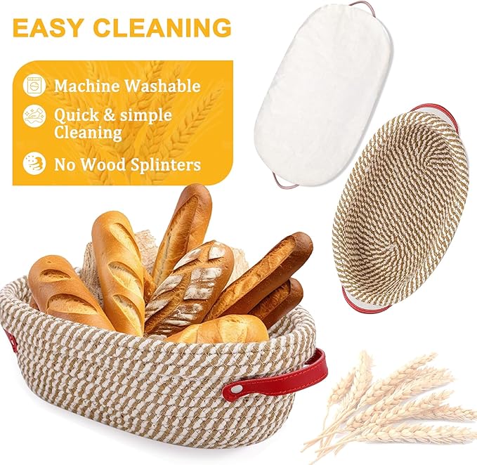 10 Inch Oval Cotton Rope Banneton Bread Proofing Basket Banneton Basket Set of 4 Sourdough Bread Baking Supplies with Liner & Cover