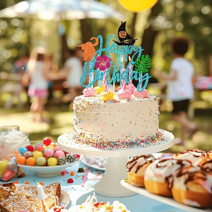 1 Pack Moana Cake Toppers Glitter Palm Leaf Moana Cake Picks The Sea is Calling Hawaiian Tropical Cupcake Decorations for Luau Summer Baby Shower Birthday Party Supplies Blue
