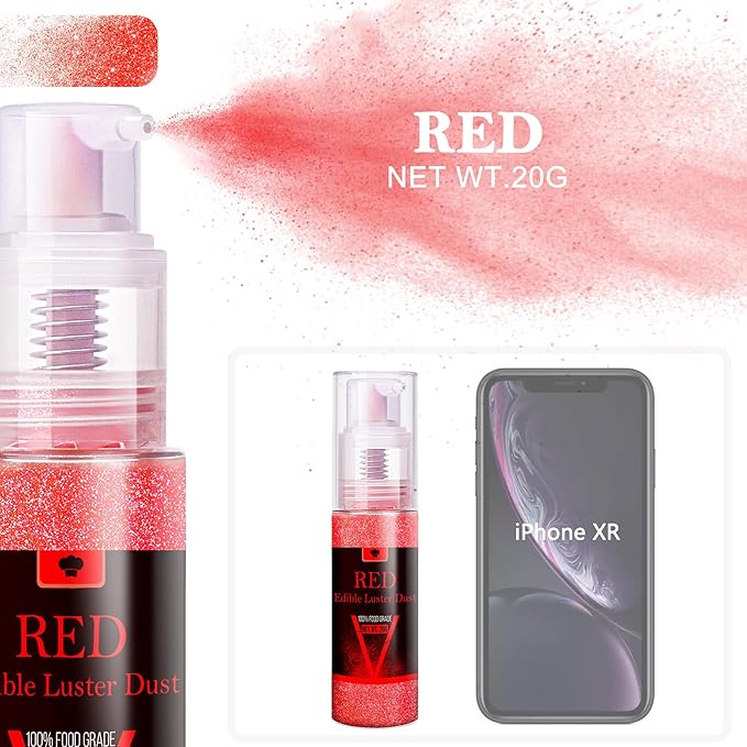 Edible Glitter Spray - 20g Luster Dust Edible Glimmer Powder for Sparkling Cocktails, Cake, Cupcakes, Wine, Beverage - Food Grade Shimmer Dust Powder for Baking, Drinks, Cookies Decoration (Red)