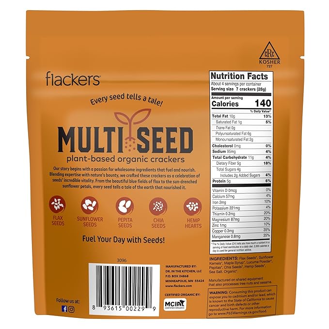 Flackers Organic Maple Multi-Seed Crackers, 4 Ounce 1-Pack, Gluten Free, Non GMO, Vegan, Keto Snack, 5g Fiber, 5g Protein, 6g Net Carbs