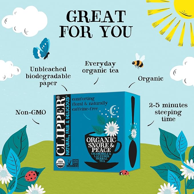 Clipper Tea Snore and Peace Chamomile & Lavender Herbal Tea ??Caffeine Free, USDA Organic, Great Hot or Iced ??Comfortingly Floral, Natural, Fair & Delicious ??50 Tea Bags