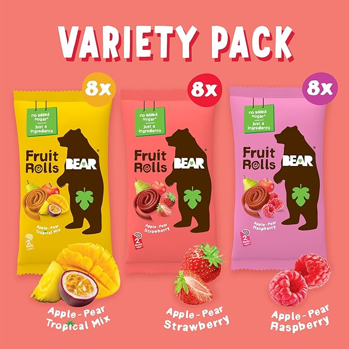 BEAR Real Fruit Snack Rolls - Gluten Free, Vegan, and Non-GMO - Variety Pack (Strawberry, Raspberry, Tropical)) ??48 Rolls, Healthy School And Lunch Snacks For Kids And Adults, 0.7 Ounce (Pack of 24)
