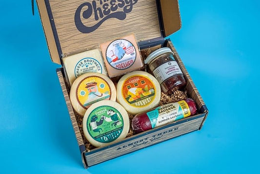 Cheese Bros. Charcuterie Gift Box | Fresh from Wisconsin | Includes Dill Havarti, Fratello, Smoked Gouda, Alpine Adelheid, 8 Year Aged Cheddar, Summer Sausage and Jam | Great Food Gifting Idea