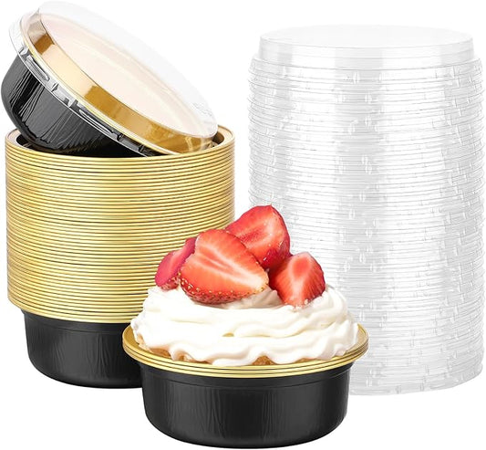 Beasea Disposable Ramekins with Lids, 50 Pack 8.8oz 260ml 4 Inch Disposable Aluminum Foil Cups Round Cupcake Mini Pudding Baking Cups for Party - Black Gold