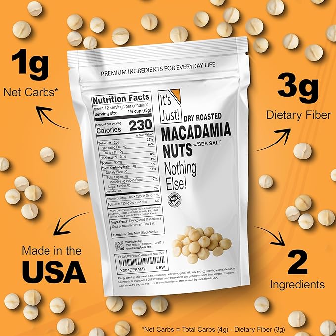 It's Just - Hawaiian Macadamia Nuts (1.5lbs), Small Batch Dry Roasted in USA, Lightly Salted, Keto Friendly, Resealable Bag, 24oz