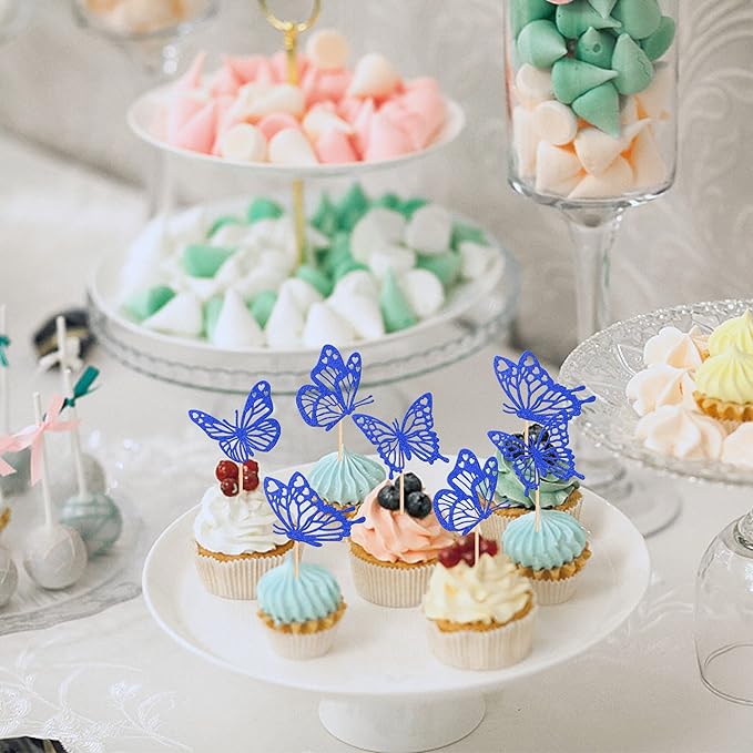 Rsstarxi 24 Pack Butterfly Cupcake Toppers Glitter Assembled Butterfly Baby Shower Cupcake Picks for Wedding Engagement Bridal Shower Kids Birthday Party Cake Decorations Supplies Deep Blue