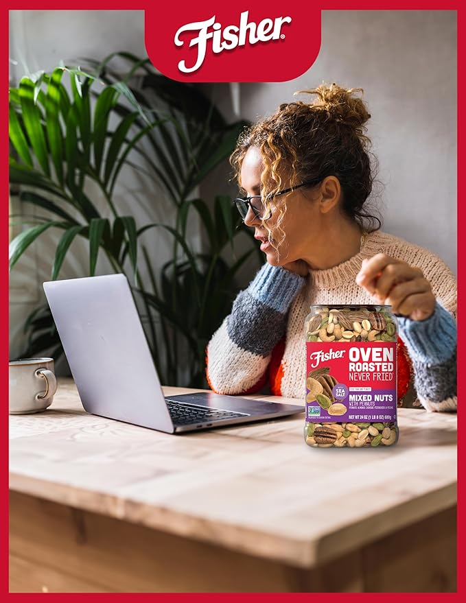 Fisher Oven Roasted Never Fried Mixed Nuts with Peanuts, 24 Ounces (Pack of 1), Peanuts, Almonds, Cashews, Pistachios, Pecans, Trail Mix, Healthy Snacks for Adults, Made With Sea Salt, No Added Oils