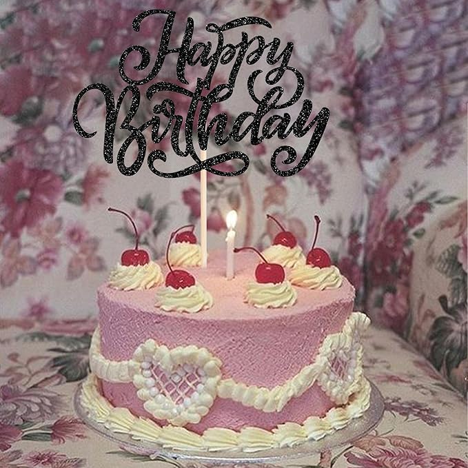 Rsstarxi 1 Pack Happy Birthday Cake Topper Glitter Men Women Birthday Cake Pick for Anniversary Celebration Party Decoration, Birthday Party Cake Decorations Supplies Black