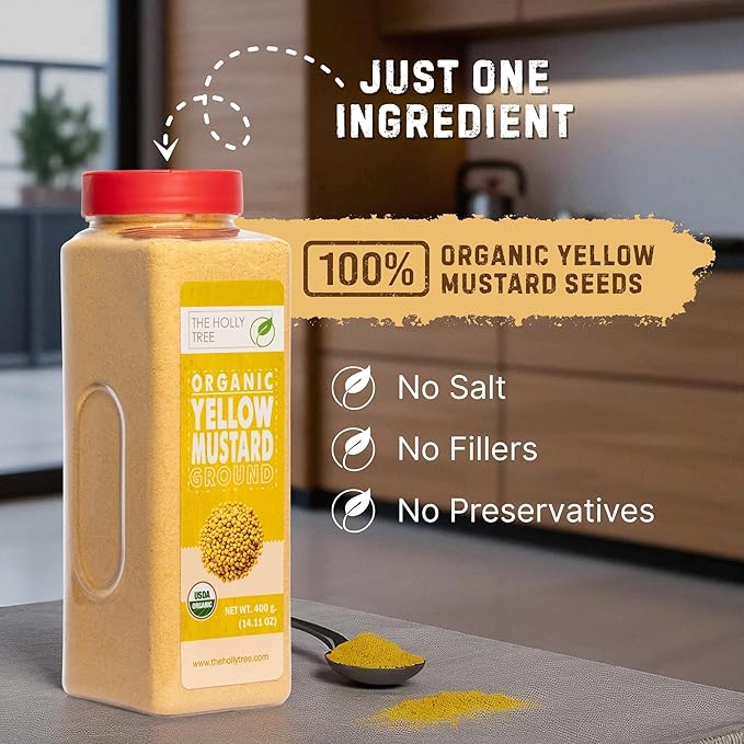 Yellow Mustard Powder 14.11 oz ??Ground Organic Mustard Seed for Seasoning & Cooking ??USDA Organic, Kosher, Gluten Free Mustard ??The Holly Tree