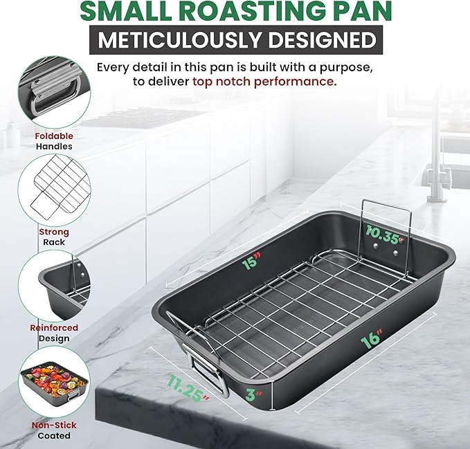 Roasting Pan With Rack 11" x 15" - Non Stick Large Roaster Pan and Flat Rack with Foldable Handles - Roasting Pans for Ovens to Elevate Food for Even Heating - Dishwasher Safe Turkey Roast Pot