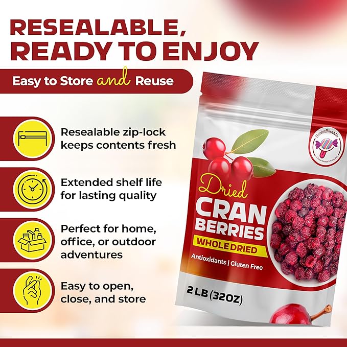 SweetBlissMix Dried Cranberries - Soft, Moist & Sweetened Sliced Cranberries Dried Fruit in Resealable Bag - Sweet and Healthy Snack for Salads, Cooking, Fruit Snacks, Baking and Topping (2 Pounds)