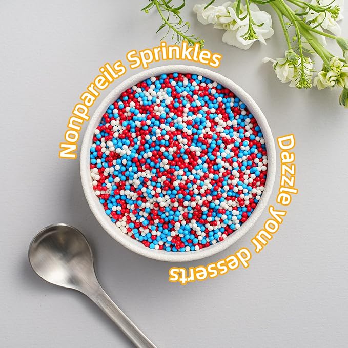 Red White and Blue Nonpareils Sprinkles, Sujoygar 4oz Edible Patriotic Sprinkles for Ice Cream Toppings Cake Cupcakes Chocolate Baking Cookies Desserts Decoration, 4th of July Independence Memorial Food Supplies