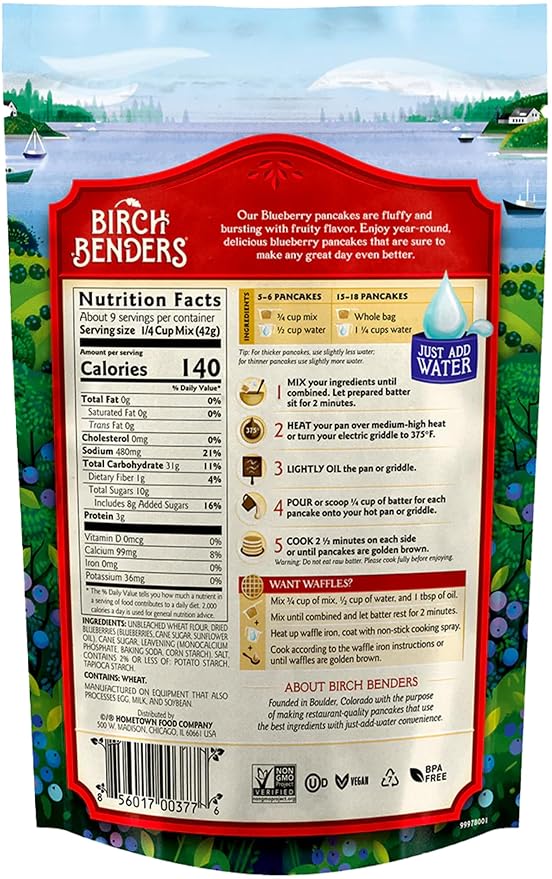 Blueberry Pancake & Waffle Mix By Birch Benders, Made With Real Blueberries, Non-Gmo, Just Add Water, Family Size, 14 Oz (Pack of 6)