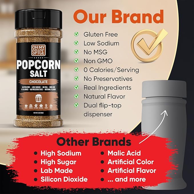 Popcorn Salt Chocolate Powder Mix - Gluten Free & Low Sodium Cocoa Powder Popcorn Salt Seasoning. Movie Night Pop Corn Flavoring Seasoning. Pop Corn Seasonings Salts. Sweet Cacao Blend Topping. 5.5oz