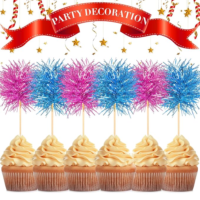 Chinco 100 Pcs Foil Firework Cupcake Toppers Sparkle Tinsel Cake Toppers Cake Decoration Cocktail Fruit Toothpick for Birthday Wedding Graduation Party(Pink, Light Blue)