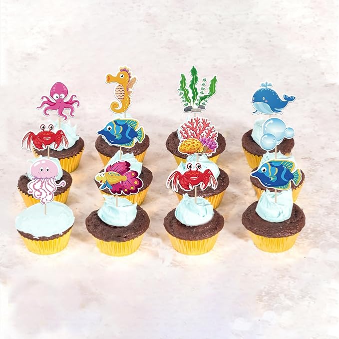 40 Pack Marine Animal Cupcake Toppers Glitter Starfish Hippocampus Seaweed Ocean Sea Animal Creature Marine Cupcake Picks Kids Birthday Baby Shower Summer Cake Decorations Style 1