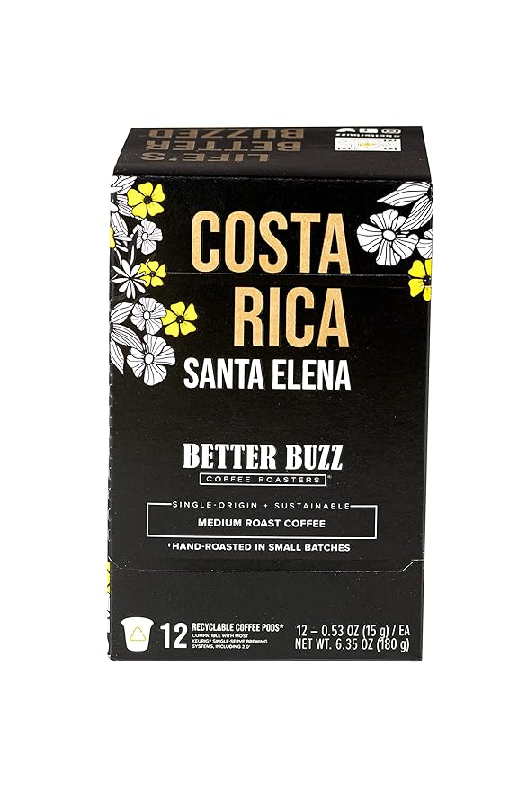 Better Buzz Costa Rica Medium Roast Coffee Pods 12ct., California Solar Energy Produced Recyclable Coffee Pods, Small Batch Roasted Single Origin Coffee, K-Cup Compatible, Life's Better Buzzed