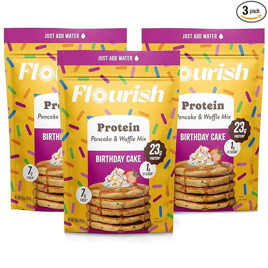 Flourish Protein Pancake & Waffle Mix, with Whey Protein & Flax Seed, No Added Sugar, High in Protein & Fiber - Just Add Water - Birthday Cake Flavour, 430g (3 Pack) - Made in Canada