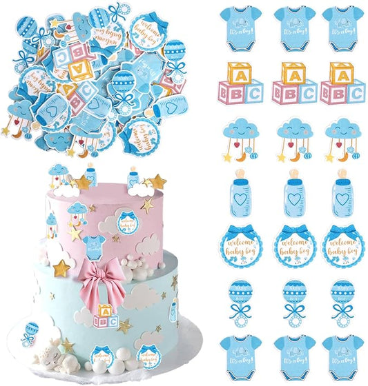 60 PCS Edible Oh Baby Cupcake Toppers Pacifier Cloud Moon Star Welcome Baby Boy Cupcake Picks Edible Baby Shower It's a Boy Cake Decorations for Baby Shower Boys Birthday Party Supplies Blue
