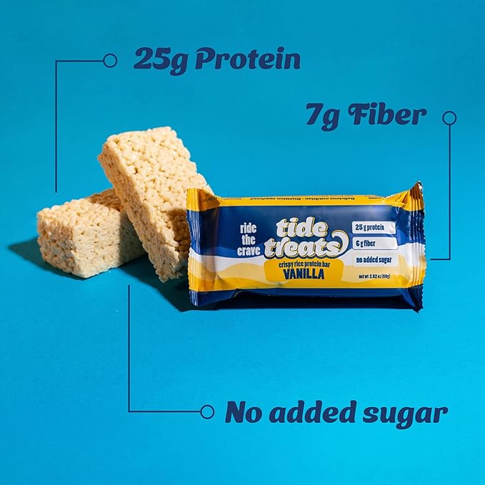 25g Protein Bar Crispy Rice Treat Vanilla | Clean Ingredients, No Added Sugar, 7g Fiber, Gluten Free | High Protein Snack for On-the-Go, Post-Workout or Dessert Cravings | 8 Count | TideTreats