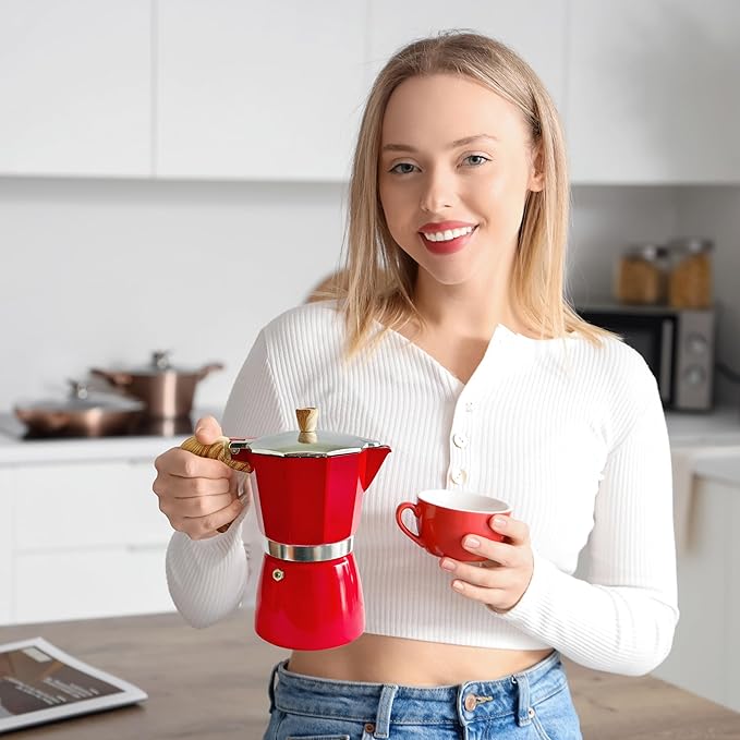 AGOGO Milano Moka Pot, Stovetop Espresso Maker, Greca, Coffee Percolator, Turkish Coffee Maker with Paper Filter 6 Cup Red