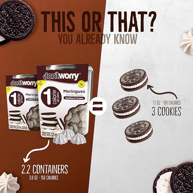 Don't Worry Low Calorie Meringue Cookies - 4 Pack - Capuccino and Cookies & Cream, Just 1 Calorie per Piece | Low Sugar Candy, Gluten Free, Protein Snacks | Keto Friendly and Healthy Snacks for Adults