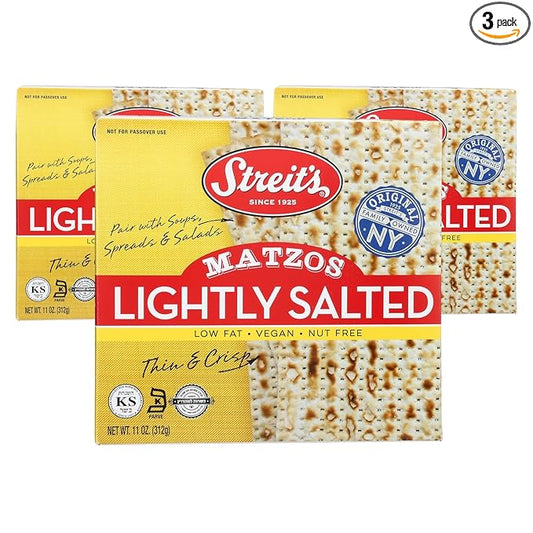 Streit's Lightly Salted Matzo - America's #1 Matzah, Thin & Crispy, Non-GMO, Low Fat, Vegan, Nut Free, Family Owned, Kosher Certified, Pair with Soups, Spreads & Salads (11oz, Pack of 3)