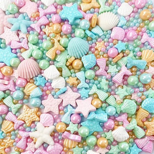 Sentovac Colorful Mermaid Sprinkle Edible Decorating Ocean Sprinkles for Cake Cupcake Topper Cookie Baking Decorations Starfish Shell Pearl Mermaid Candy Mix Mermaid Party Birthday Cake Decorations