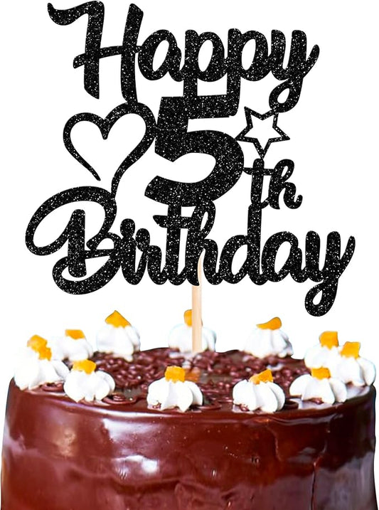 YCTHUNFISH 1 Pack Happy 5th Birthday Cake Topper Glitter Heart Star 5 Fabulous Cake Pick Birthday Sign Cake Decorations for Children 5th Birthday Theme Party Supplies Black